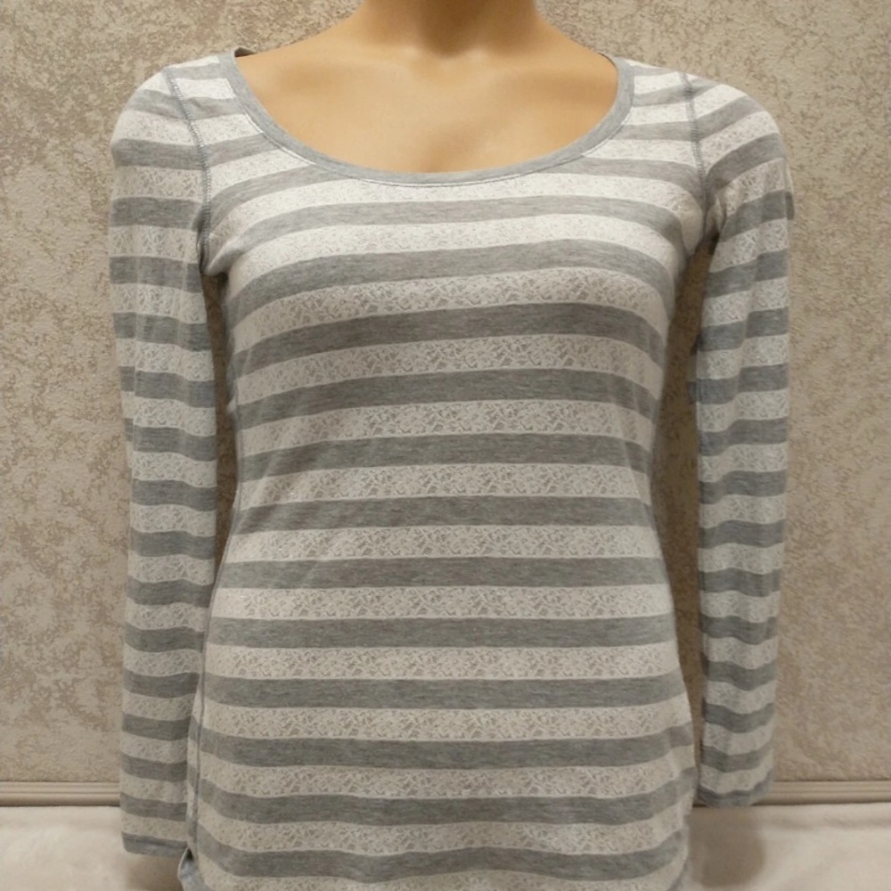 Express Gray and White Striped Long Sleeve Tee